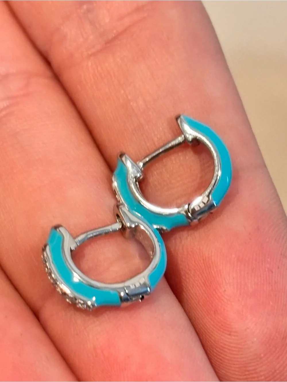 925 Sterling Silver Turquoise Enamel Huggie Hoop Earrings with Crystal Accents
